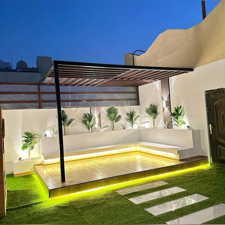 تصميم مظلات جلسات خارجية فوق حدائق الفلل بالرياض.